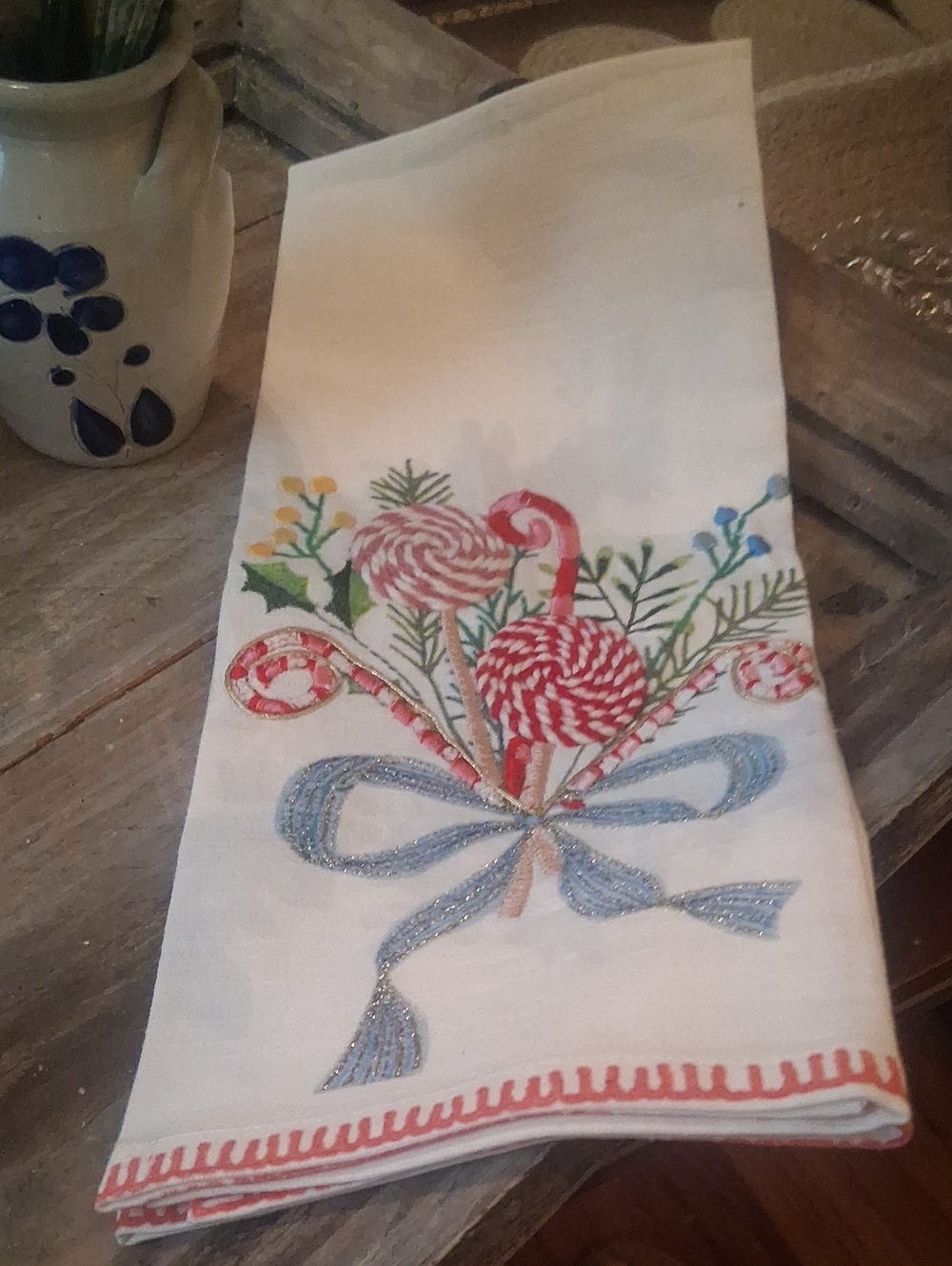 Embroidered Holiday Candy Bouquet Linen Tea Towel - White